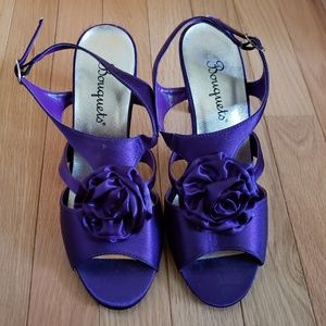 New purple satin rosette high heeled sandals